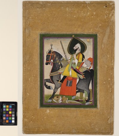 Bakhtawar Singhがライオンを征服、1800年頃（不透明な水彩画と紙に金） 作： Rajasthani School