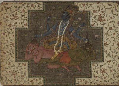 Folio 47.110/69 ヴィシュヌが悪魔のマドゥとカイタバを殺した「マルカンデヤ・プラーナ」の「デヴィ・マハトミーア」セクションより、ラジャスタン州ビカネール市 作： Rajput School