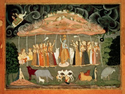 ゴーヴァルダナ山を支えるクリシュナ B ウスタッド・サヒブディン、ビカネール 作： Rajput School