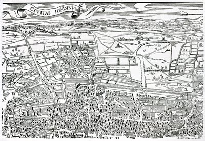 シビタス・ロンディニウム」のロンドン北側のディテール（木版画 作： Ralph Agas