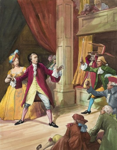 観劇客の暴動に直面するデイヴィッド・ギャリック（1717-79）（紙にグワッシュ） 作： Ralph Bruce