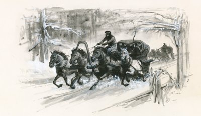 ドストエフスキーと仲間の囚人たちは、シベリアへの長旅のために密閉されたそりに詰め込まれた。 作： Ralph Bruce