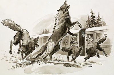 雪に閉ざされた列車の乗客が飢えたオオカミを撃退する（紙にガッシュ） 作： Ralph Bruce