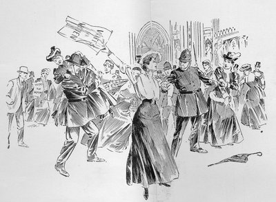 1906年10月27日の「The Graphic」に掲載された「The Reassmbling of Parliament」というタイトルの記事から、不可抗力のSuffragetteがロビーで気晴らしを作成 作： Ralph Cleaver