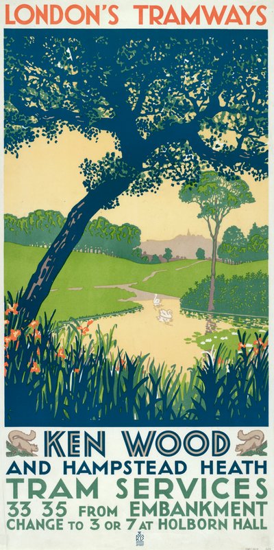 「ケンウッドとハムステッド ヒース」、ロンドン カウンティ カウンシル LCC トラムウェイのポスター、1928 年 作： Ralph and Brown Studios
