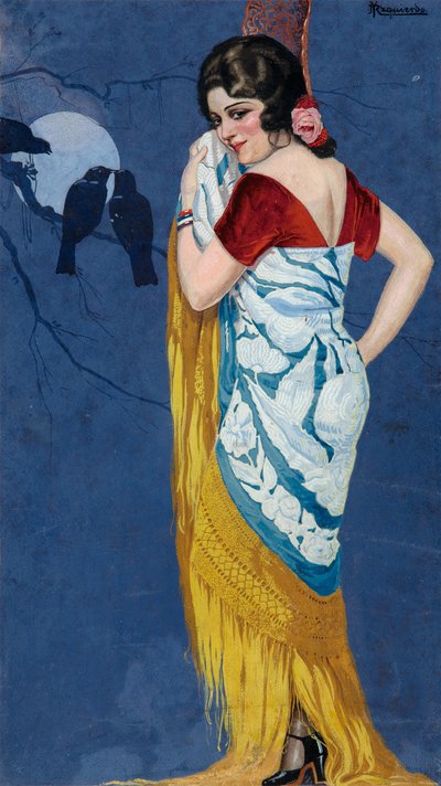 月明かりに微笑む若い女性、1925年頃（紙にガッシュ） 作： Ramón José Izquierdo y Garrido