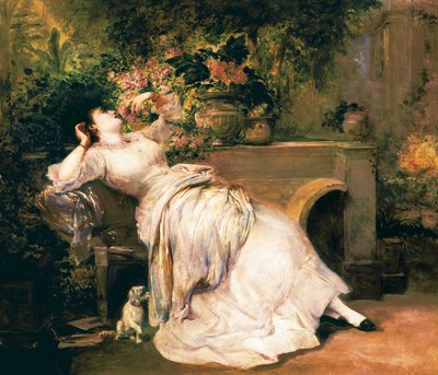 庭の女性ラモン・マルティ・イ・アルシーナ（1826-1894）の絵画、19世紀後半。 作： Ramón Martí Alsina