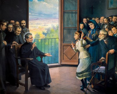 「聖ヨハネ・ボスコ (ジョヴァンニ・ボスコもドン・ボスコの司祭でイタリアの教育者 (1815-1888) と言っています」) ラモン・ボファルルによる絵画 (19 世紀) 作： Ramon Bofarull