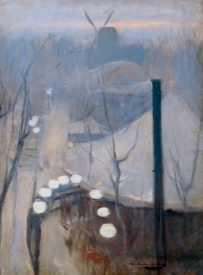 パリ、モンマルトル地区の水車小屋のある風景 作： Ramon Casas i Carbo