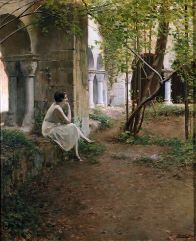 回廊で瞑想する若い女性 作： Ramon Casas i Carbo