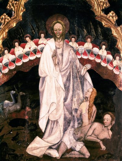 サン・セバスティアン・デ・ギメラ教会の祭壇画「世界の創造、イヴの創造の下」の詳細。ラモン・デ・ムル（1435年没）による1402年から1412年の木版画。ビックのエピスコパル美術館カタルーニャ・スペイン 作： Ramon de Mur