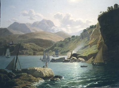 サレルノ湾に浮かぶヴィエトリ・スル・マーレの海岸とレイトの村の風景 作： Ramsay Richard Reinagle