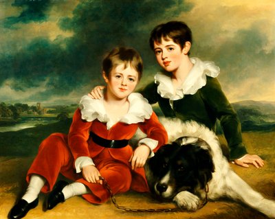ニューファンドランド犬と2人の男の子の肖像画 作： Ramsay Richard Reinagle