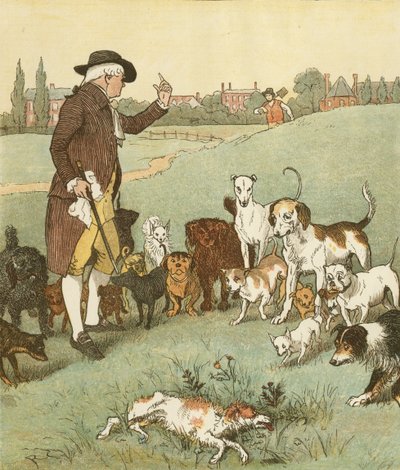 オリバー・ゴールドスミスの「狂犬の死を悼むエレジー」。 死んだのはその犬だった。 イラストはランドルフ・コルデコット。 作： Randolph Caldecott