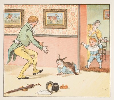 ウサギの皮に包まれた文鳥の赤ちゃん（1882年発行の「The Hey Diddle Diddle Picture Book」より）（カラー印刷 作： Randolph Caldecott