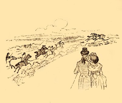 ジョンギルピンが田園地帯を追われている様子を傍観者たちは見ています。1878年、c1918年。 作： Randolph Caldecott