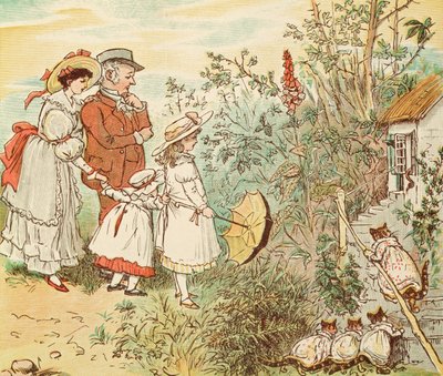 猫と彼女の子猫は、「カエルは彼はA-Wooing行くだろう」から転落しました 作： Randolph Caldecott