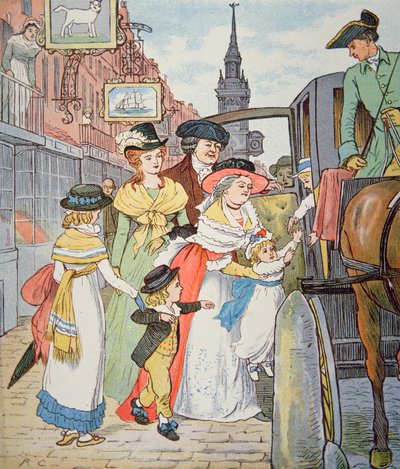 植民地時代のアメリカの家族生活-ボストンの街並み（水彩・紙 作： Randolph Caldecott