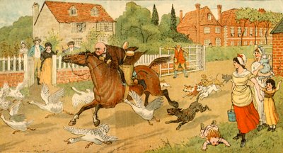 ジョンギルピンは1878年、c1918の村を駆け抜けます。 作： Randolph Caldecott