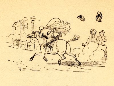 ジョンギルピンスの馬のボルト、および彼の帽子とかつらが吹き飛ぶ、1878年、c1918。 作： Randolph Caldecott