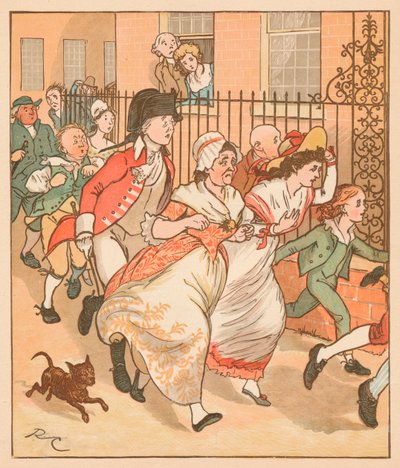 近所の人はイズリントンの善人、c1879を助けるために急いでいます。 作： Randolph Caldecott