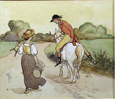 "Shall I go with you, my Pretty Maid?", 「ミルクメイド」の挿絵（紙に水彩）。 作： Randolph Caldecott