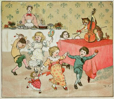 Hey Diddle Diddleの猫とフィドルと子供たちのパーティーのイラスト 作： Randolph Caldecott