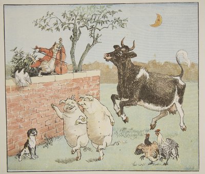猫とフィドル、「ヘイディドルディドルとバイ、ベイビーホオジロ」、1882年のイラスト 作： Randolph Caldecott