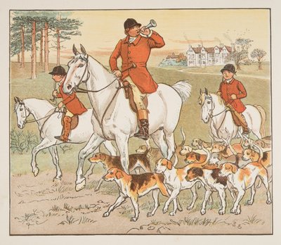 The Huntsman Blows his Horn』（The Hey Diddle Diddle Picture Book, pub.1882より）（カラー印刷 作： Randolph Caldecott