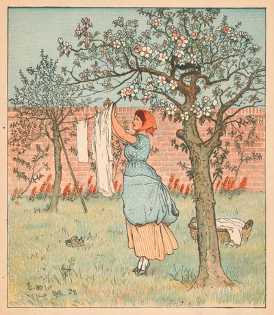 メイドは庭にいて、服を干す、1880年。 作： Randolph Caldecott