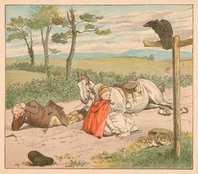 マーレはひざを折り、ファーマーは彼の冠を破りました、c1885、1934。 作： Randolph Caldecott