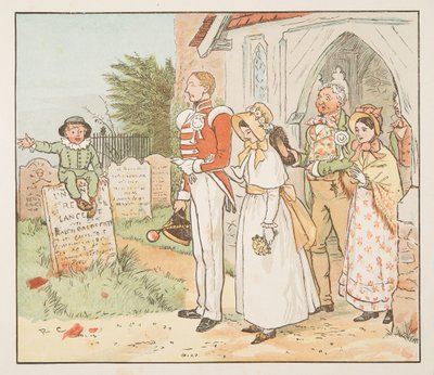 The Soldier and his Bride（The Hey Diddle Diddle Picture Book, pub.1882より）」（カラー彫刻）。 作： Randolph Caldecott