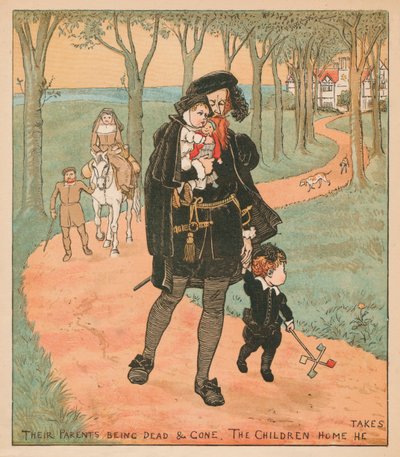 彼らの両親は死んでいなくなって、彼が取る子供たちの家、c1878。 作： Randolph Caldecott
