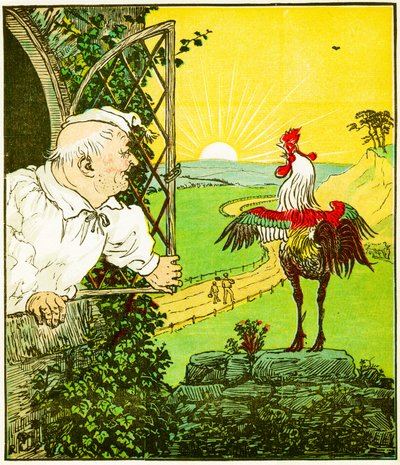 "This is the rooster that crowed in morn, that waking the judge all shaven and shorn", The House that Jack Builtの挿絵。 作： Randolph Caldecott