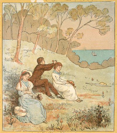 海岸近くの空き地に座っている 2 人の女性と 1 人の男性。 作： Randolph Caldecott