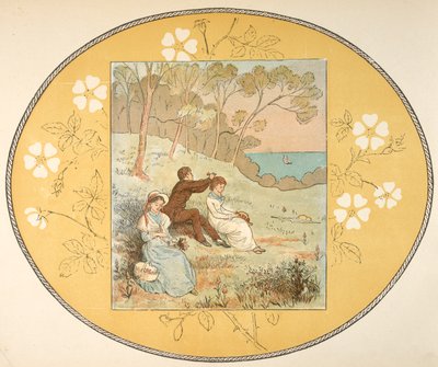 海岸近くの空き地に座っている 2 人の女性と 1 人の男性。 花の境界線。 作： Randolph Caldecott