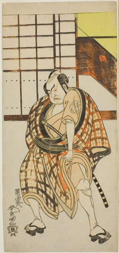 芝居色モヨ青柳蘇我第二部の笹野三五兵衛役の中村助五郎二代目、1775年二月中村座で上演 作： Rantokusai Shundo
