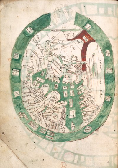 世界の地図、ポリクロニコンのf.2v、1400年頃（ベラム） 作： Ranulf Higden