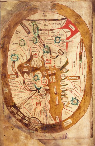 Ms.89 Higden fol.13v世界の地図（ベラムにインク） 作： Ranulf Higden