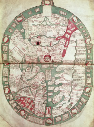 Roy.Ms.14 C. f.1 1v-2r エルサレムを中心とした世界地図、Polychronicon、1380 年頃（ベラム） 作： Ranulf Higden