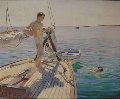 ボートからの水浴び（キャンバスに油彩） 作： Raoul Du Gardier