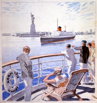Kuljetus. Meren. Transatlanttisen Le Normandien saapuminen New Yorkin satamaan. Kuvitus: Raoul du Gardier 作： Raoul Du Gardier