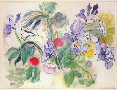 花菖蒲と赤いポピーの花束、1948年頃（紙に水彩画） 作： Raoul Dufy