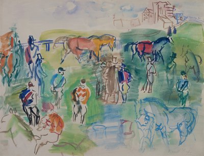 エプソムでの馬とジョッキー（紙にグワッシュ） 作： Raoul Dufy