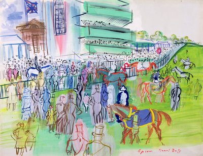 エプソムのグランドスタンド前にて、1937年頃（紙に水彩、グワッシュ） 作： Raoul Dufy