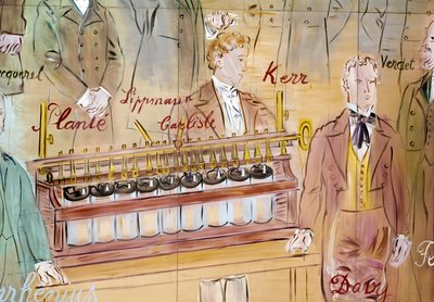 La Fee Electricite、詳細：アンソニー・カーライル（イギリス人外科医）とハンフリー・デイヴィー（イギリス人化学者）の肖像画。1937年（絵画） 作： Raoul Dufy