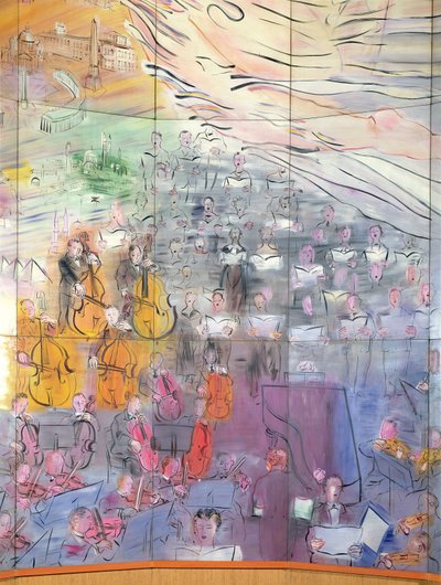 La Fee Electricite、オーケストラを描いた左側面のディテール 作： Raoul Dufy