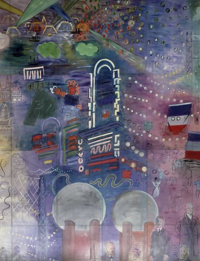 La Fee Electricite、夜間のイルミネーションを描いた左側のディテール 作： Raoul Dufy