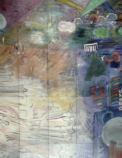 様々な都市が描かれた左側の詳細。 作： Raoul Dufy