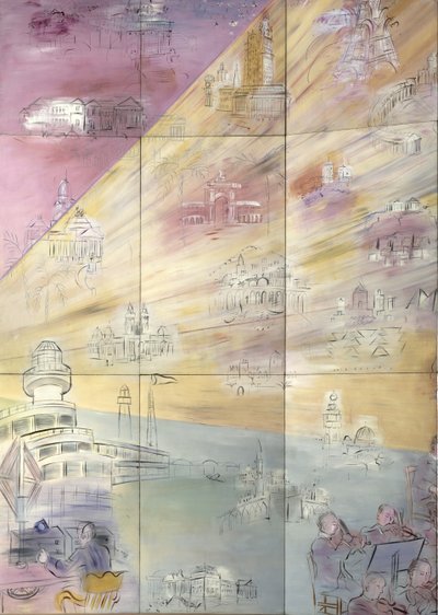 様々な都市が描かれた左側の詳細。 作： Raoul Dufy